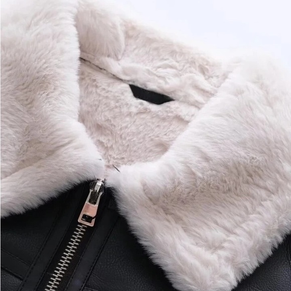955. 🛑AT COST LAST 1! Black aviator moto jacket faux leather faux fur black coat - Picture 7 of 12